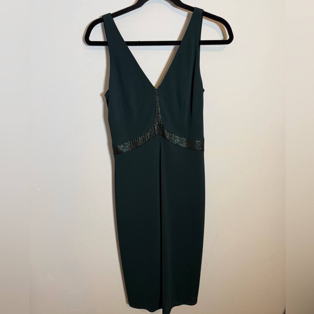 David Meister‎ Emerald Sheath Dress Metallic Inset V Neck 4